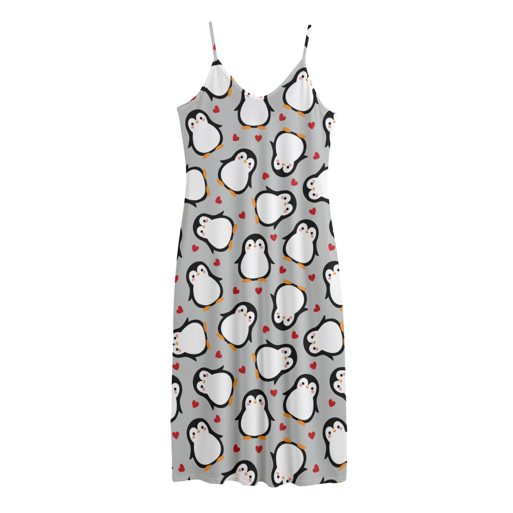 Red Heart And Penguin Pattern Print Jersey Midi Cami Dress