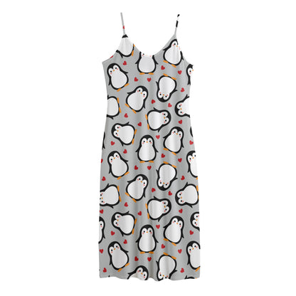 Red Heart And Penguin Pattern Print Jersey Midi Cami Dress