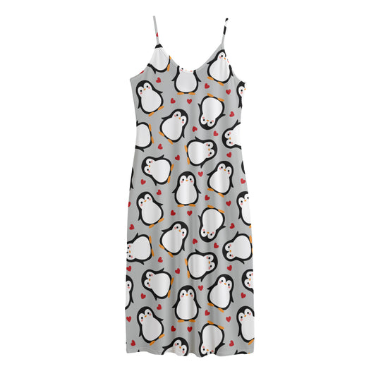 Red Heart And Penguin Pattern Print Jersey Midi Cami Dress