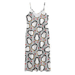 Red Heart And Penguin Pattern Print Jersey Midi Cami Dress