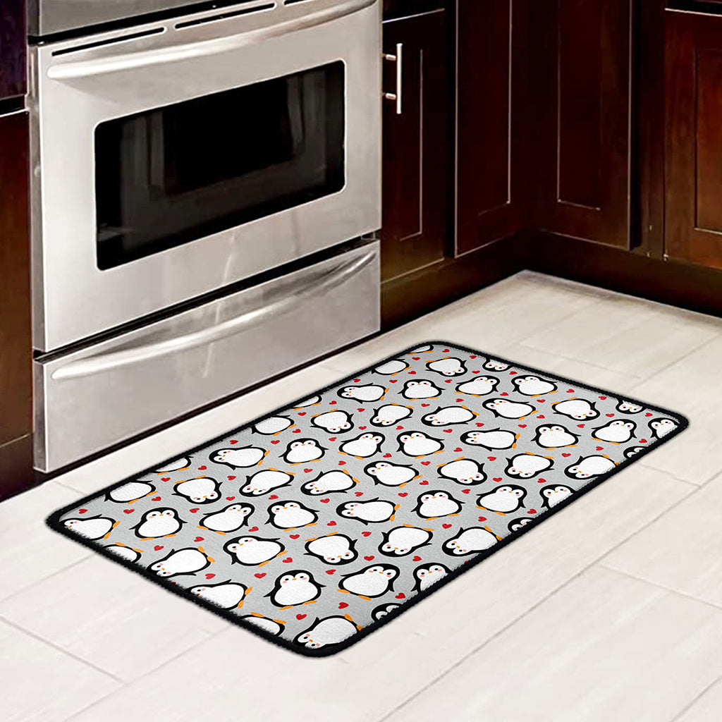 Red Heart And Penguin Pattern Print Kitchen Mat