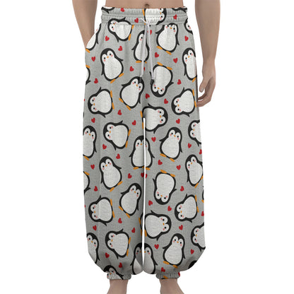 Red Heart And Penguin Pattern Print Lantern Pants
