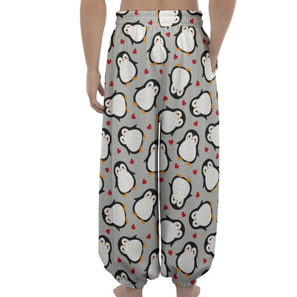 Red Heart And Penguin Pattern Print Lantern Pants