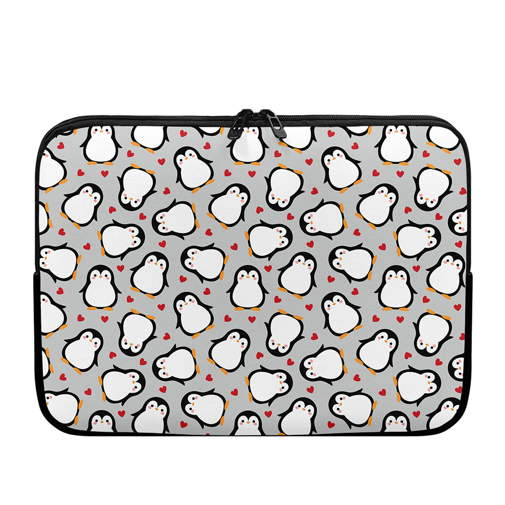 Red Heart And Penguin Pattern Print Laptop Sleeve