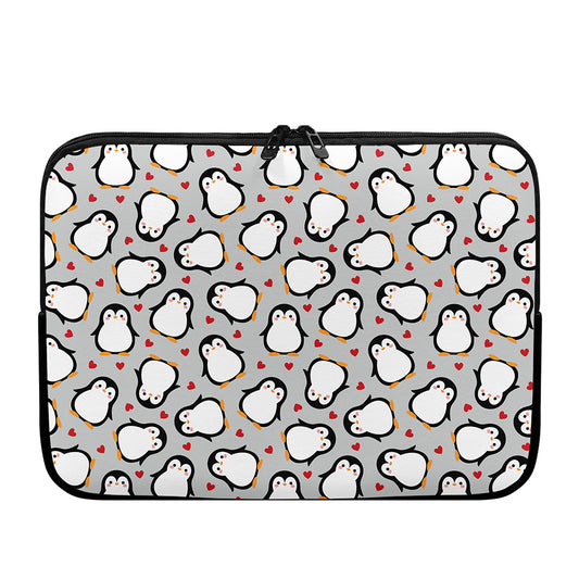 Red Heart And Penguin Pattern Print Laptop Sleeve