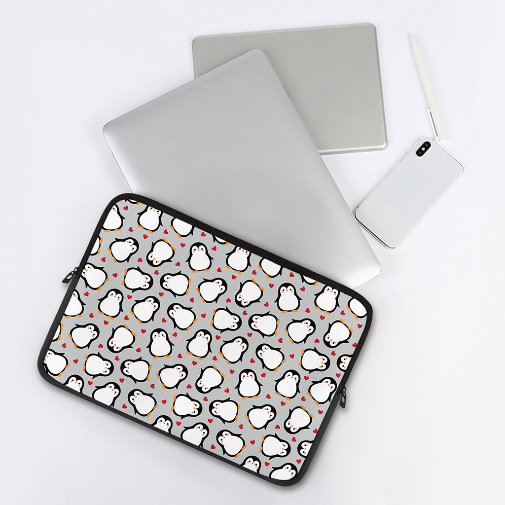 Red Heart And Penguin Pattern Print Laptop Sleeve