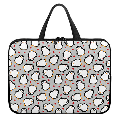 Red Heart And Penguin Pattern Print Laptop Sleeve With Handle