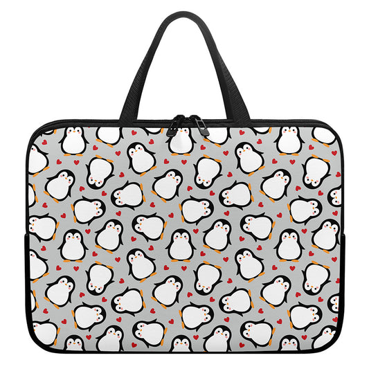 Red Heart And Penguin Pattern Print Laptop Sleeve With Handle