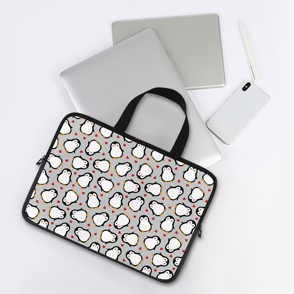 Red Heart And Penguin Pattern Print Laptop Sleeve With Handle