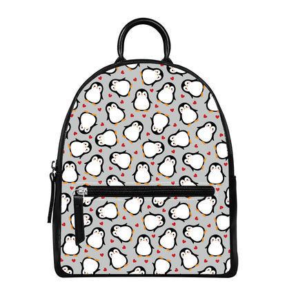 Red Heart And Penguin Pattern Print Leather Backpack