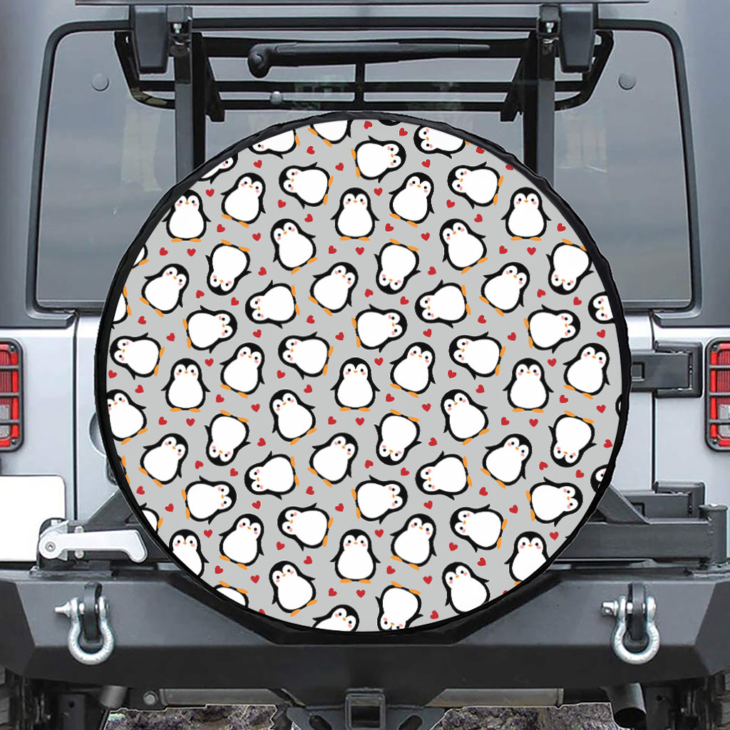 Red Heart And Penguin Pattern Print Leather Spare Tire Cover