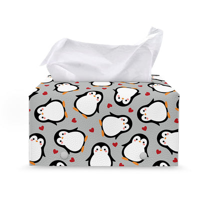 Red Heart And Penguin Pattern Print Leather Tissue Box Cover