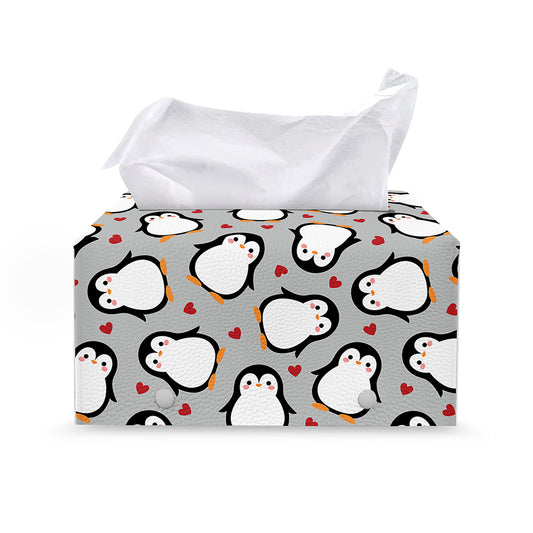 Red Heart And Penguin Pattern Print Leather Tissue Box Cover