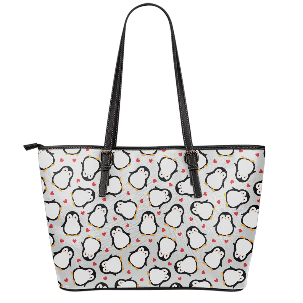 Red Heart And Penguin Pattern Print Leather Tote Bag