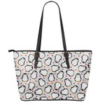 Red Heart And Penguin Pattern Print Leather Tote Bag
