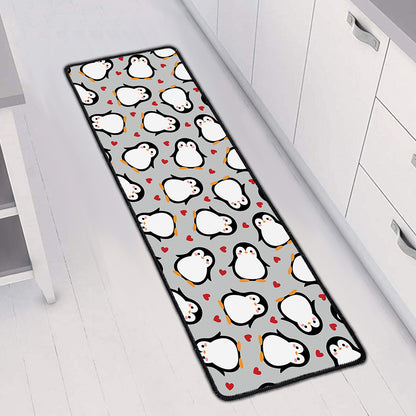 Red Heart And Penguin Pattern Print Long Kitchen Mat
