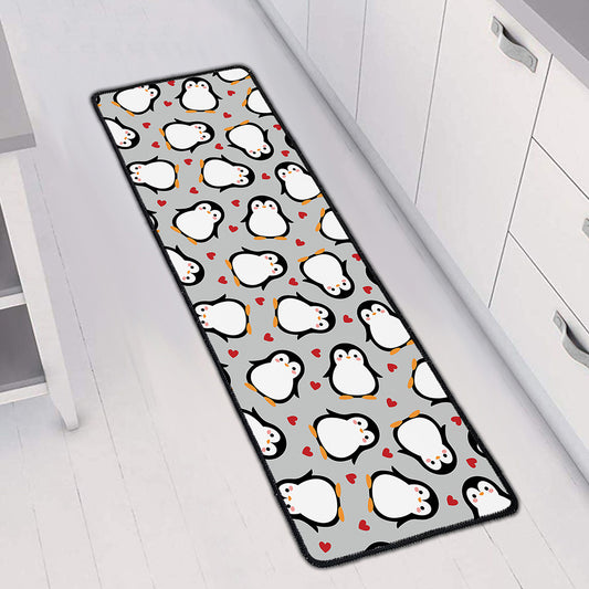 Red Heart And Penguin Pattern Print Long Kitchen Mat