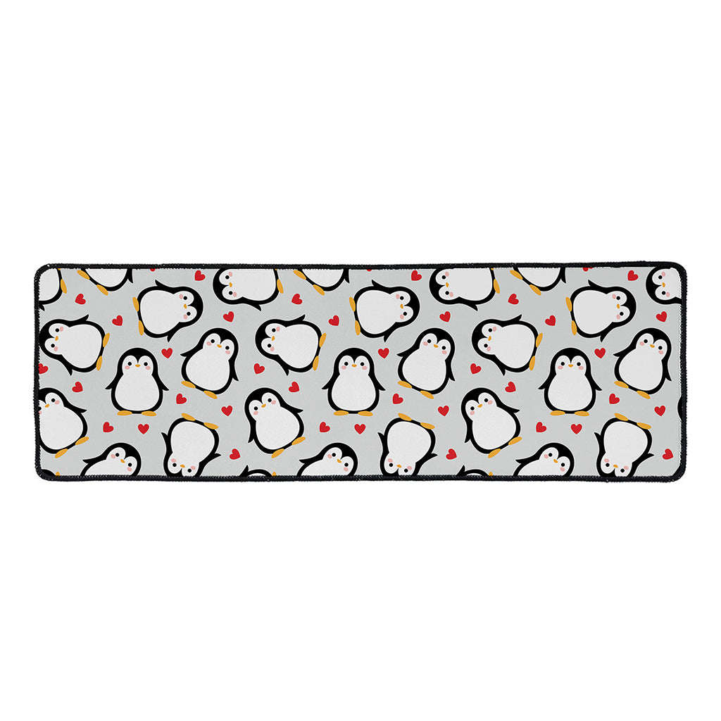 Red Heart And Penguin Pattern Print Long Kitchen Mat