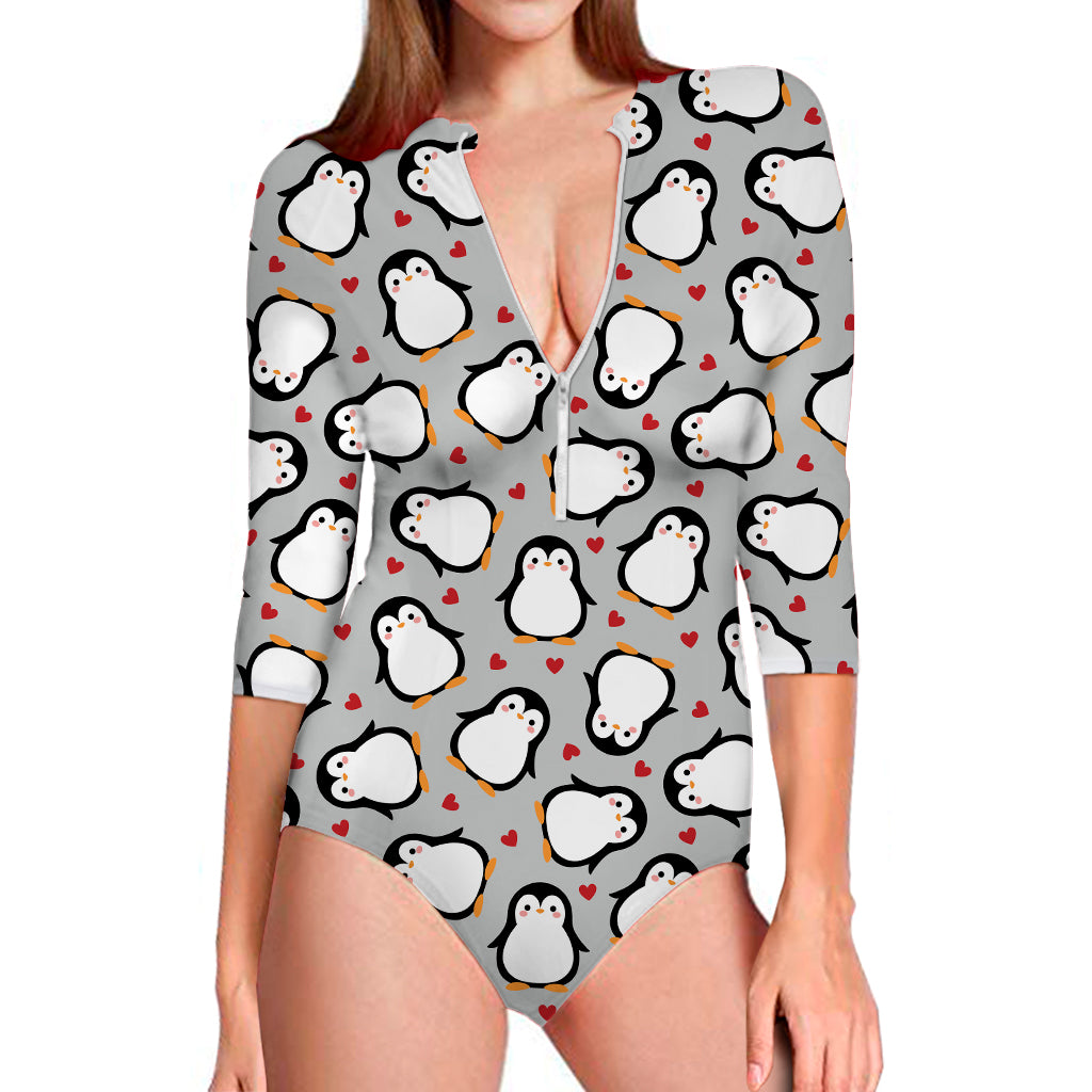 Red Heart And Penguin Pattern Print Long Sleeve Swimsuit