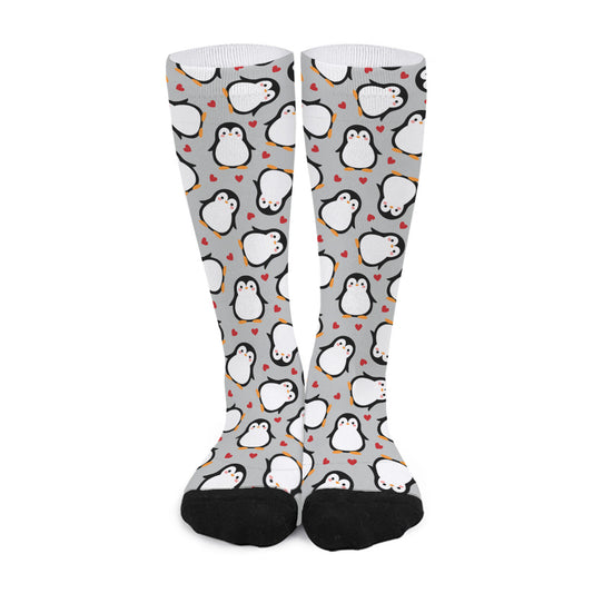 Red Heart And Penguin Pattern Print Long Socks