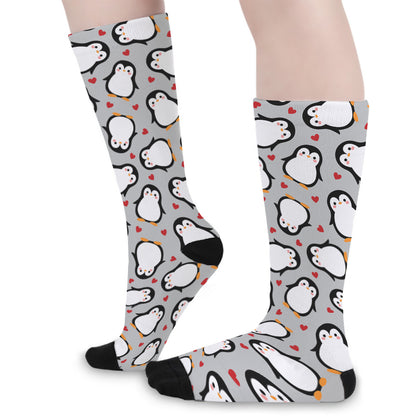Red Heart And Penguin Pattern Print Long Socks