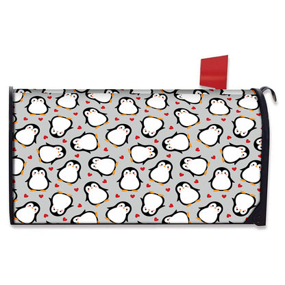 Red Heart And Penguin Pattern Print Mailbox Cover