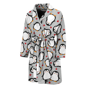 Red Heart And Penguin Pattern Print Men's Bathrobe