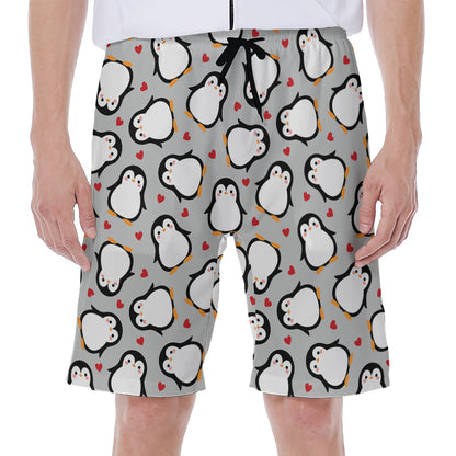 Red Heart And Penguin Pattern Print Men's Beach Shorts
