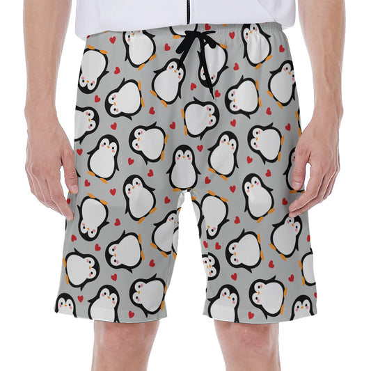Red Heart And Penguin Pattern Print Men's Beach Shorts
