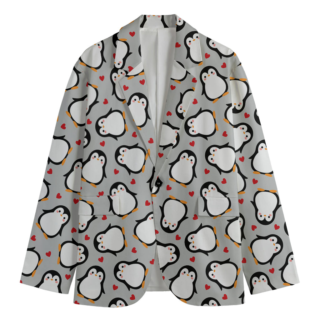 Red Heart And Penguin Pattern Print Men's Blazer