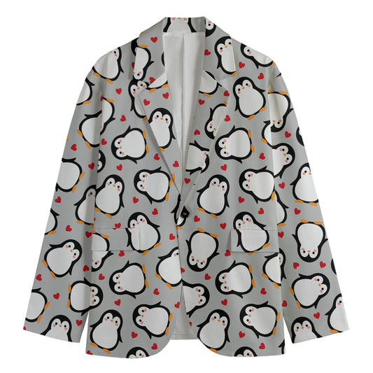 Red Heart And Penguin Pattern Print Men's Blazer