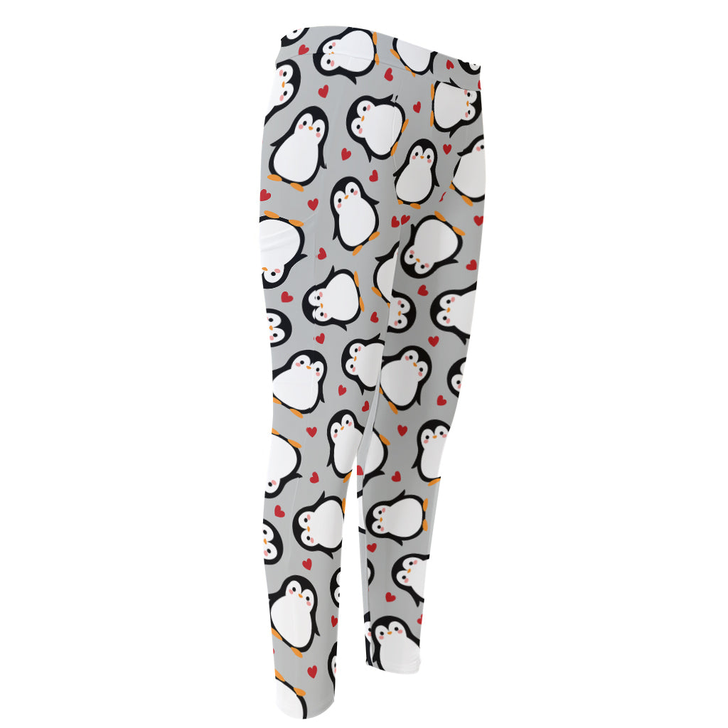 Red Heart And Penguin Pattern Print Men's Compression Pants