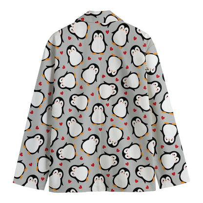Red Heart And Penguin Pattern Print Men's Cotton Blazer