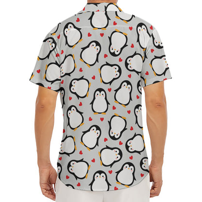 Red Heart And Penguin Pattern Print Men's Deep V-Neck Shirt