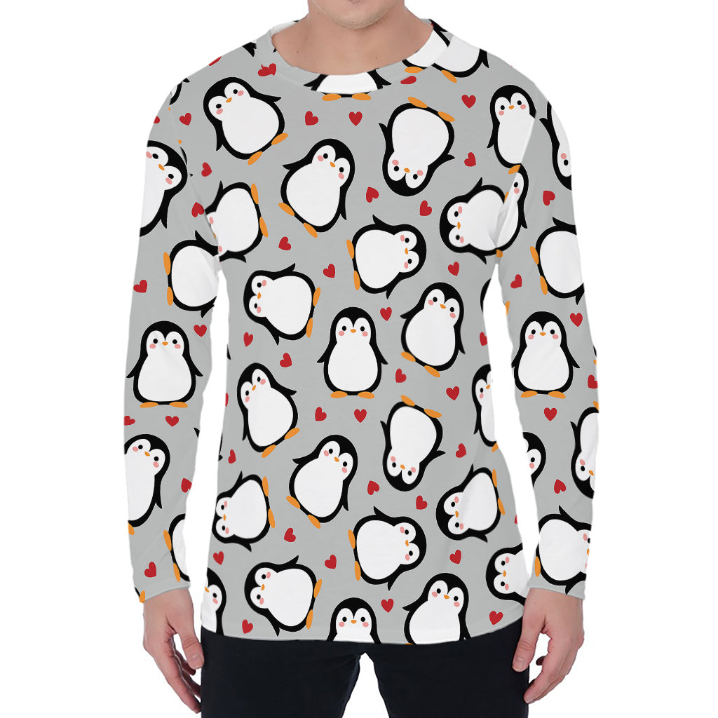 Red Heart And Penguin Pattern Print Men's Long Sleeve T-Shirt