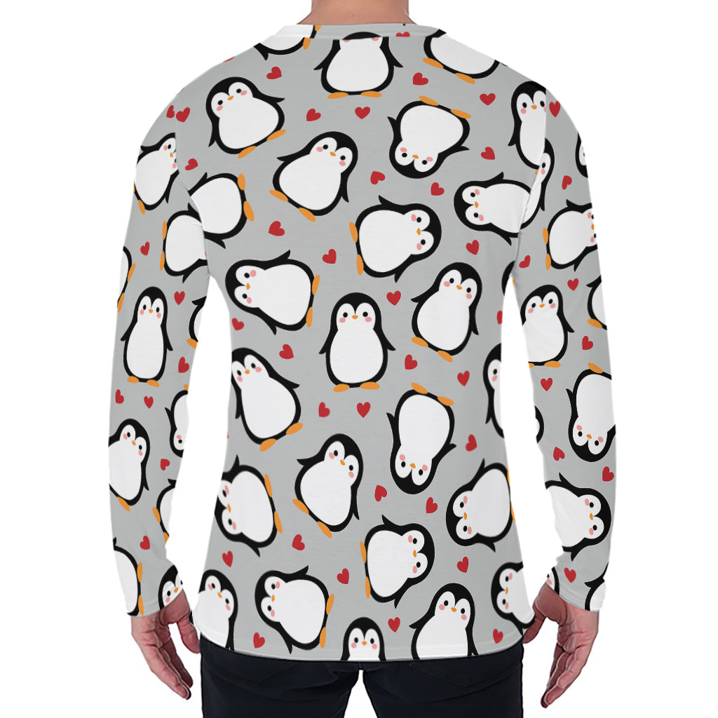 Red Heart And Penguin Pattern Print Men's Long Sleeve T-Shirt