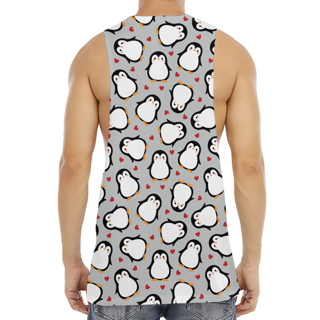 Red Heart And Penguin Pattern Print Men's Muscle Tank Top