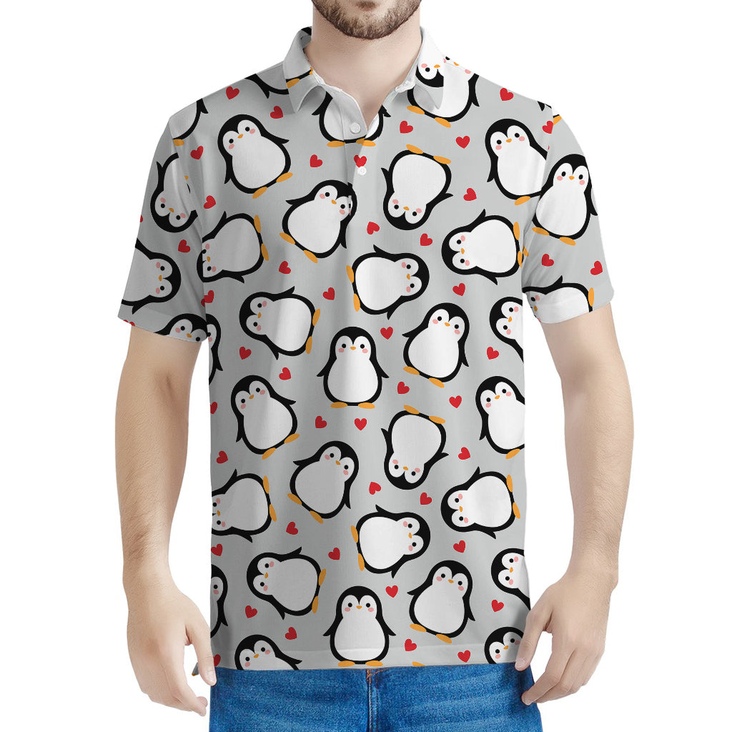 Red Heart And Penguin Pattern Print Men's Polo Shirt