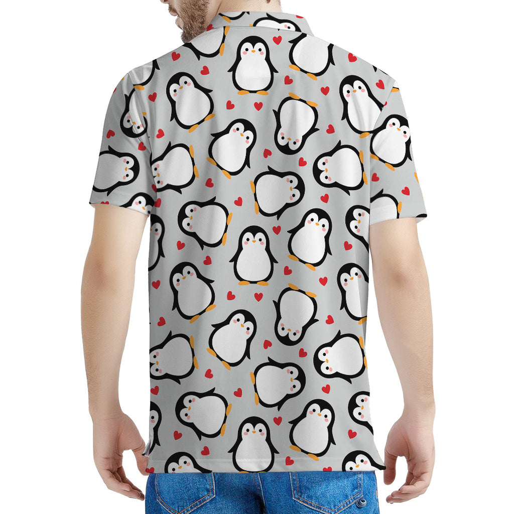 Red Heart And Penguin Pattern Print Men's Polo Shirt