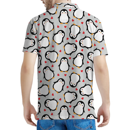 Red Heart And Penguin Pattern Print Men's Polo Shirt