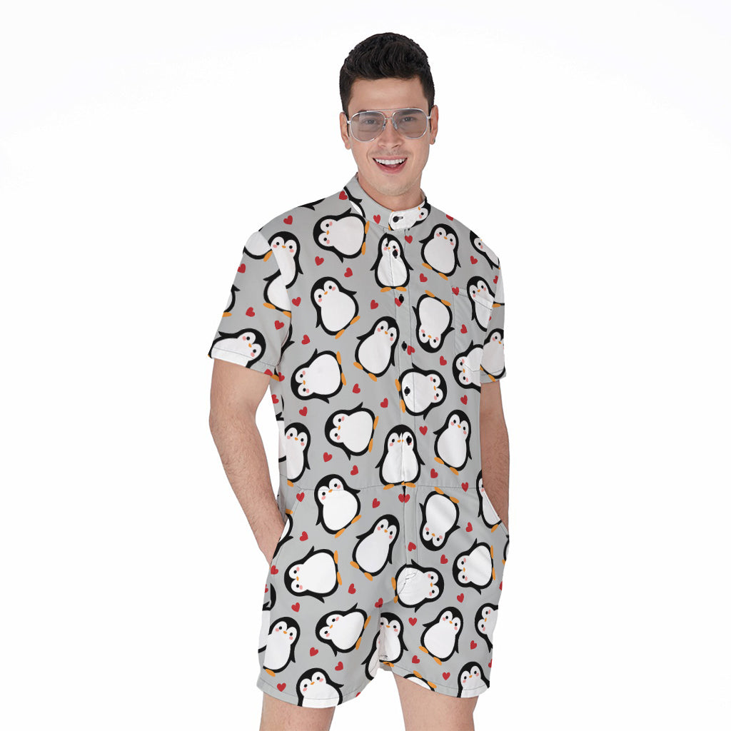 Red Heart And Penguin Pattern Print Men's Rompers