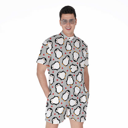 Red Heart And Penguin Pattern Print Men's Rompers