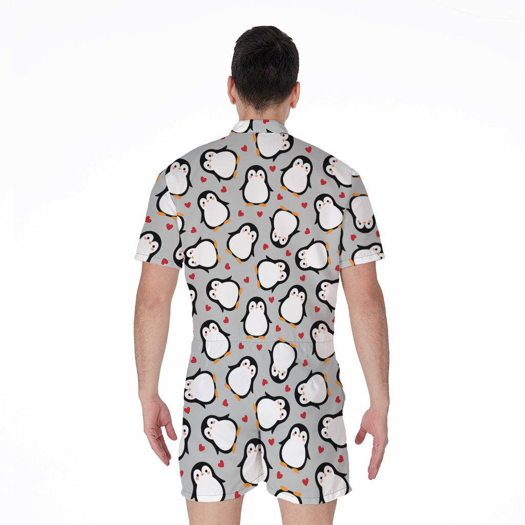 Red Heart And Penguin Pattern Print Men's Rompers