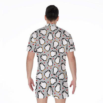 Red Heart And Penguin Pattern Print Men's Rompers