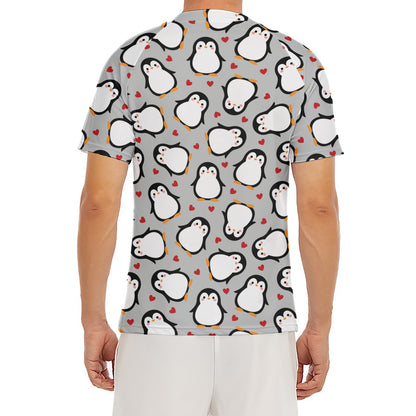 Red Heart And Penguin Pattern Print Men's Short Sleeve Rash Guard
