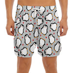 Red Heart And Penguin Pattern Print Men's Split Running Shorts