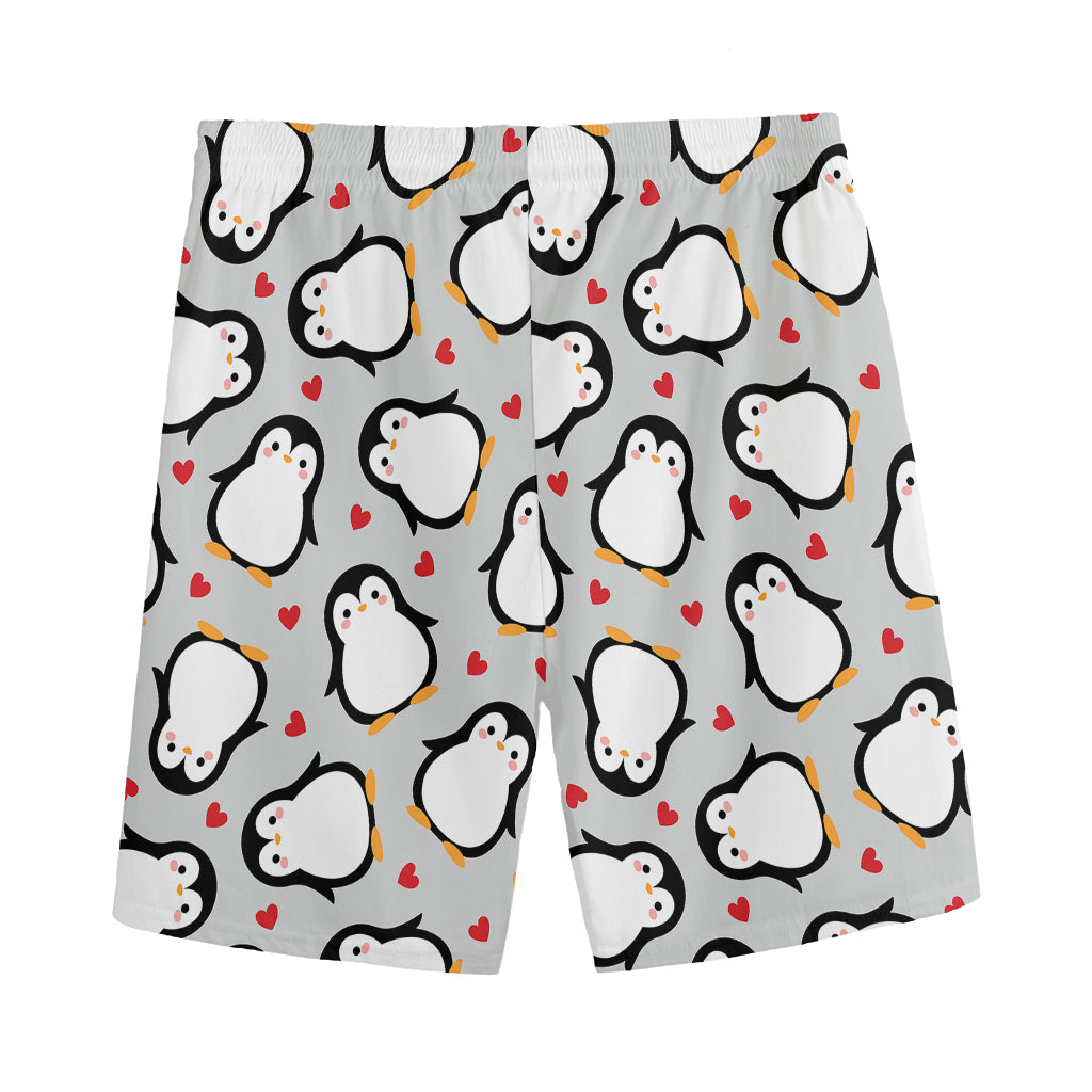 Red Heart And Penguin Pattern Print Men's Sports Shorts