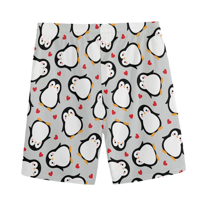 Red Heart And Penguin Pattern Print Men's Sports Shorts