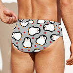 Red Heart And Penguin Pattern Print Men's Swim Briefs