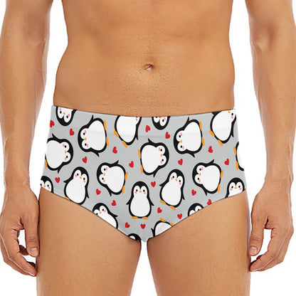 Red Heart And Penguin Pattern Print Men's Triangle Swim Briefs